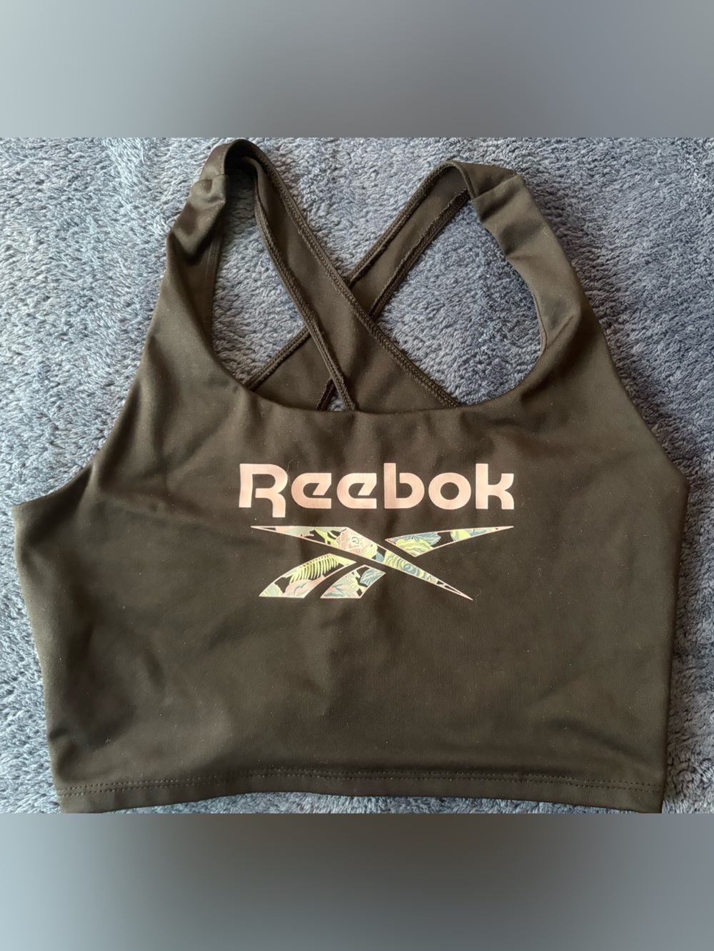 Reebok Black Crossback Sports Bra with Pastel Tropical Logo